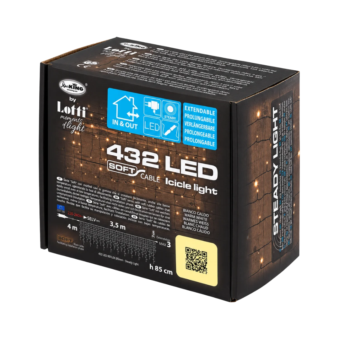 Confezione della tenda luminosa Ice Light Lotti da 432 LED bianco caldo, lunga 3,5 m e alta 85 cm, prolungabile.