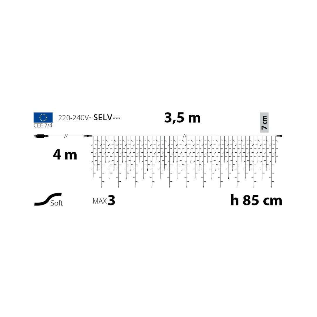 Scheda tecnica della tenda luminosa Ice Light Lotti da 432 LED bianco caldo, lunga 3,5 m e alta 85 cm, prolungabile.
