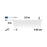 Scheda tecnica della tenda luminosa Ice Light Lotti da 432 LED bianco caldo, lunga 3,5 m e alta 85 cm, prolungabile.