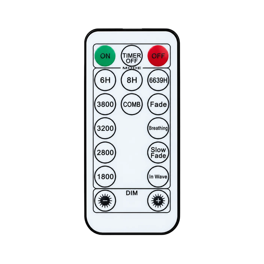 Telecomando per catena luminosa Lotti con timer, modalità di illuminazione e regolazione della luminosità.