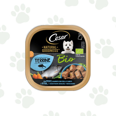 Vaschetta di cibo umido per cani Cesar Terrine Bio pesce, piselli e carote.