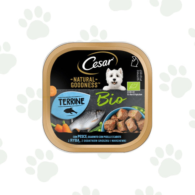 Vaschetta di cibo umido per cani Cesar Terrine Bio pesce, piselli e carote.