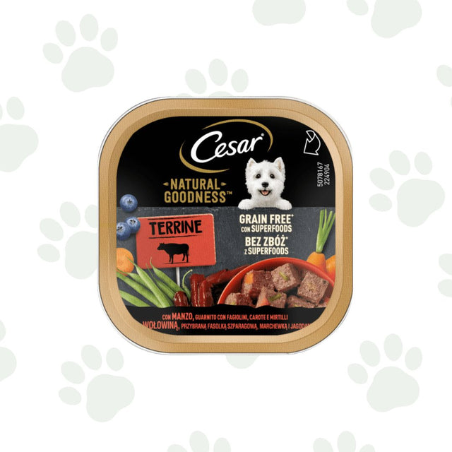 Vaschetta di cibo umido per cani Cesar Terrine manzo, fagiolini, carote e mirtilli. 