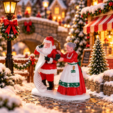 Personaggi Lemax con Babbo Natale che consulta la lista mentre Mrs. Claus gli porge una tazza di cioccolata calda addobbati in un villaggio natalizio Lemax.