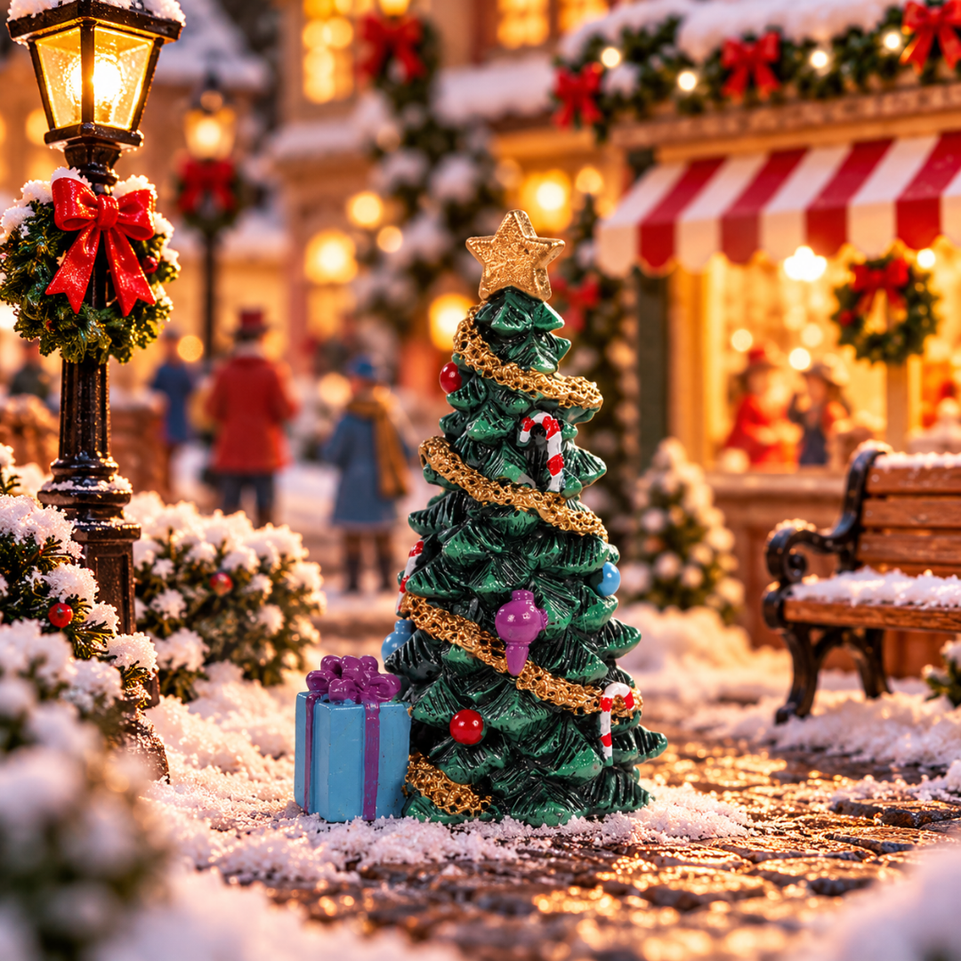 Statuetta in resina di un albero di Natale alta 6,5 cm per villaggetti natalizi ambientato in un villaggio Lemax.