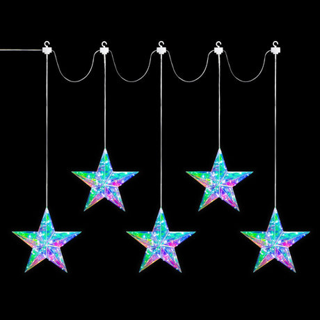 Decorazione luminosa composta da cinque stelle pendenti con superficie trasparente, illuminate da micro LED con effetto iridescente su sfondo nero.