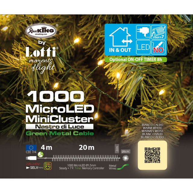 Scatola del cavo luci 1000 micro LED minicluster bianco caldo con cavo verde.