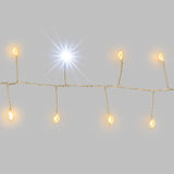 Micro LED a luce calda con un LED effetto flash bianco freddo su sfondo grigio.