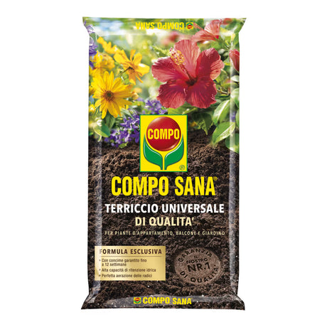Confezione di terriccio per prato Sacco di terriccio universale COMPO con confezione verde e informazioni prodotto