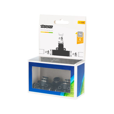 onfezione Stocker con 5 raccordi a T per tubi Geyser System da 6 mm, visibile il contenuto attraverso la finestra