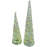 Coni decorativi natalizi bianco iridescente illuminati da luci LED bianco caldo nelle due misure da 60 cm e 80 cm.