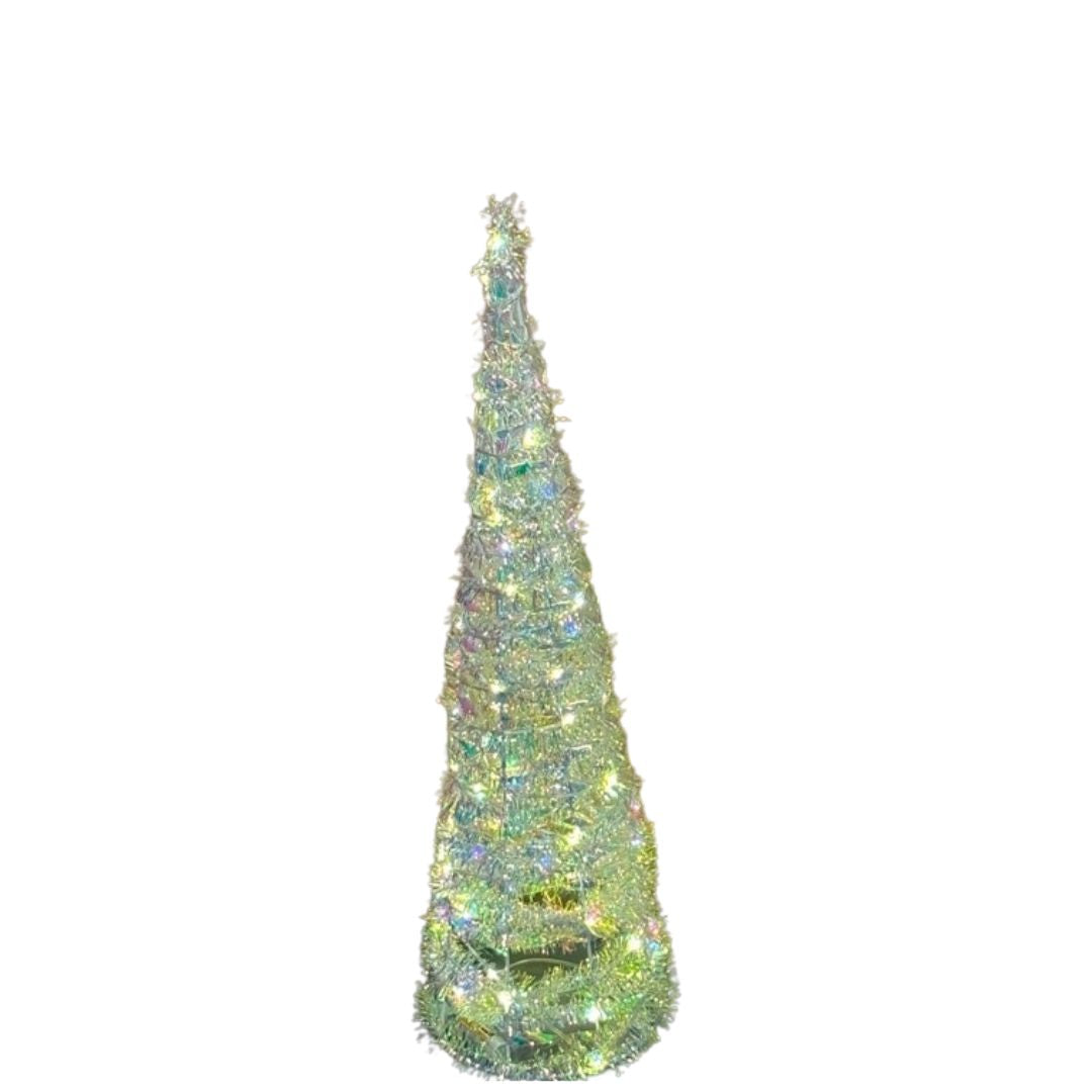 Cono decorativo natalizio bianco iridescente illuminato da luci LED bianco caldo alto 60cm.