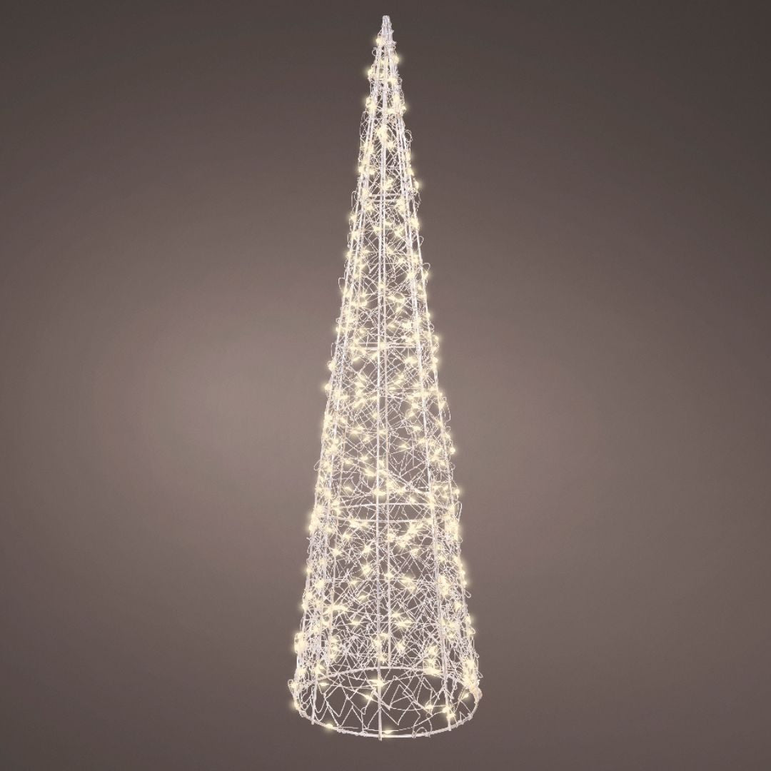 Cono luminoso da 60 cm con struttura in filo metallico e 300 microled a luce calda accesi su fondo scuro.