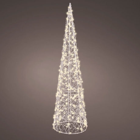 Cono luminoso da 60 cm con struttura in filo metallico e 300 microled a luce calda accesi su fondo scuro.