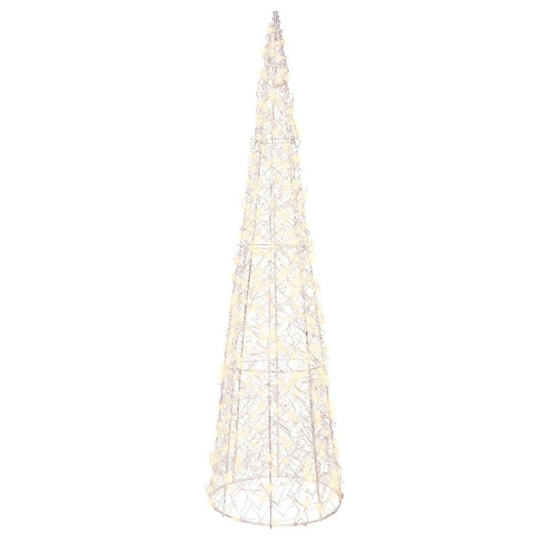 Cono decorativo da 60 cm in filo di metallo con 300 microled a luce calda su fondo bianco.
