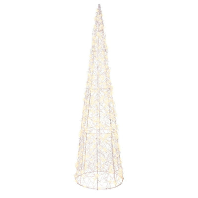 Cono decorativo da 60 cm in filo di metallo con 300 microled a luce calda su fondo bianco.