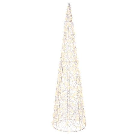 Cono decorativo da 60 cm in filo di metallo con 300 microled a luce calda su fondo bianco.