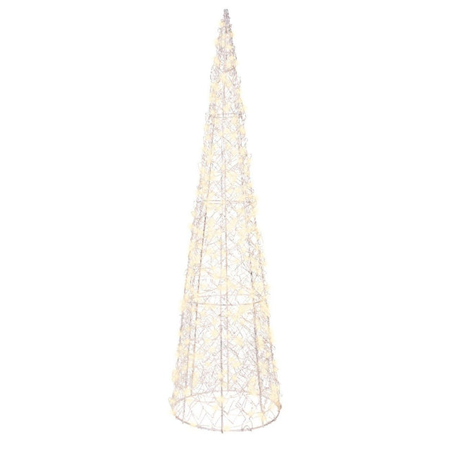 Cono decorativo da 60 cm in filo di metallo con 300 microled a luce calda su fondo bianco.