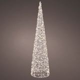 Cono decorativo in filo metallico da 80 cm con 500 microled caldi su fondo scuro.