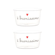 Set di due coppette in vetro con scritta "è buonissimo" e cuoricino rosso.