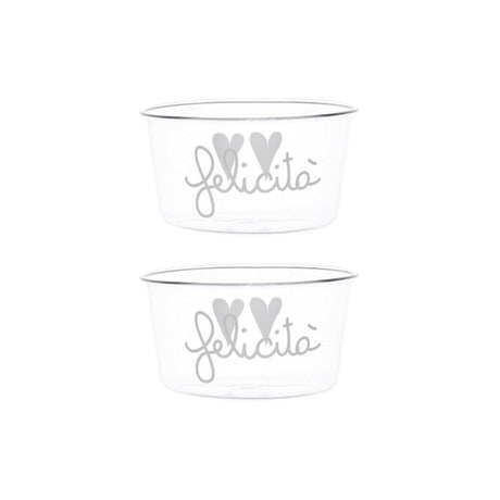 Set di due coppette in vetro con scritta "felicità" e due cuoricini bianchi.