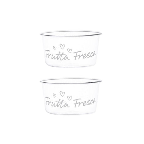 Set di due coppette in vetro con scritta "frutta fresca".