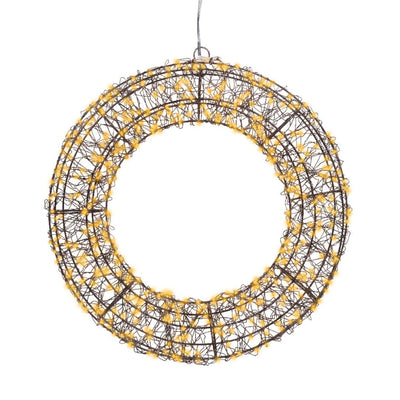 Ghirlanda decorativa da 38 cm con struttura in metallo e microled caldi, su sfondo bianco.