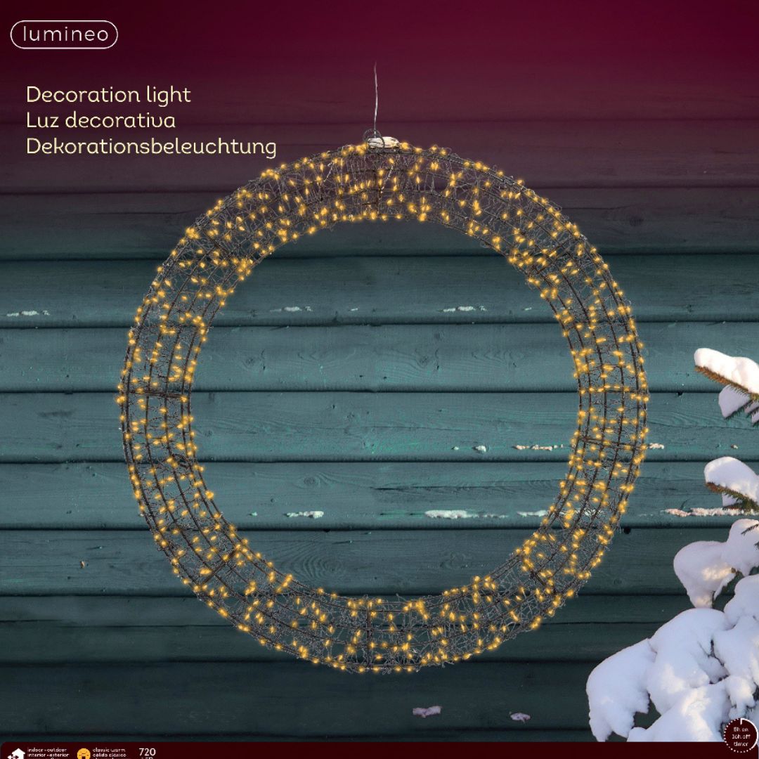 Confezione della ghirlanda luminosa Lumineo da 58 cm con 720 microled caldi per uso interno ed esterno.