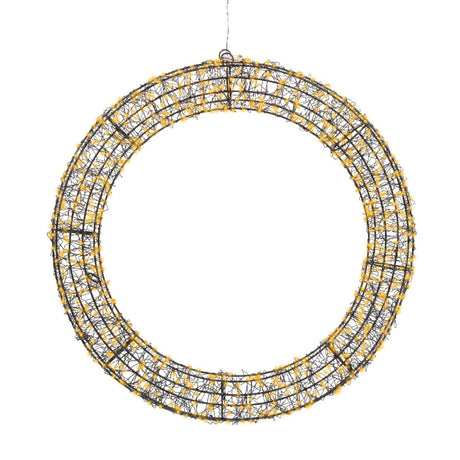Ghirlanda luminosa circolare in filo metallico decorata con microled caldi, su sfondo bianco.