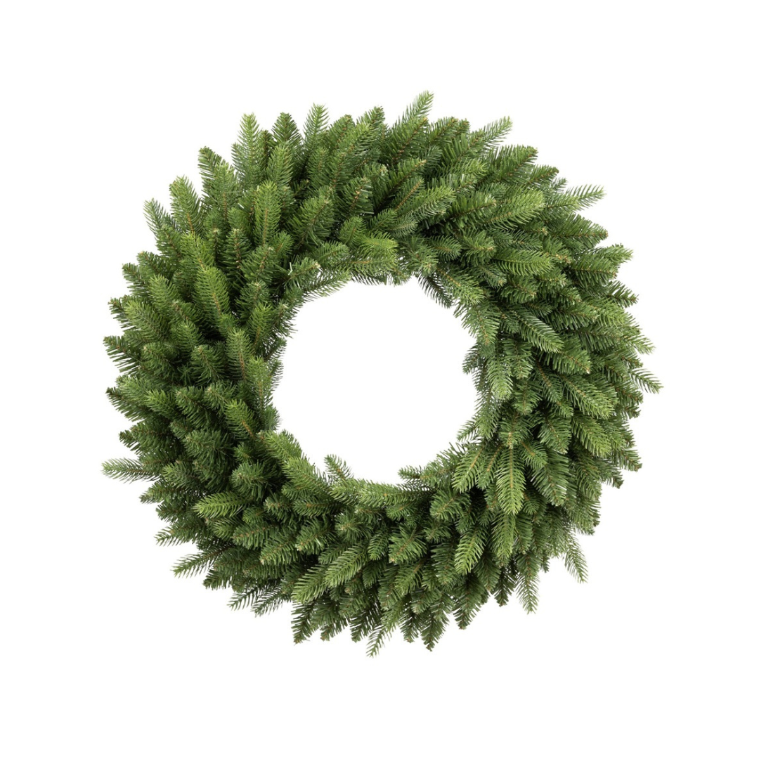 Corona natalizia verde con folti rami effetto abete, dall’aspetto naturale e dalla forma circolare