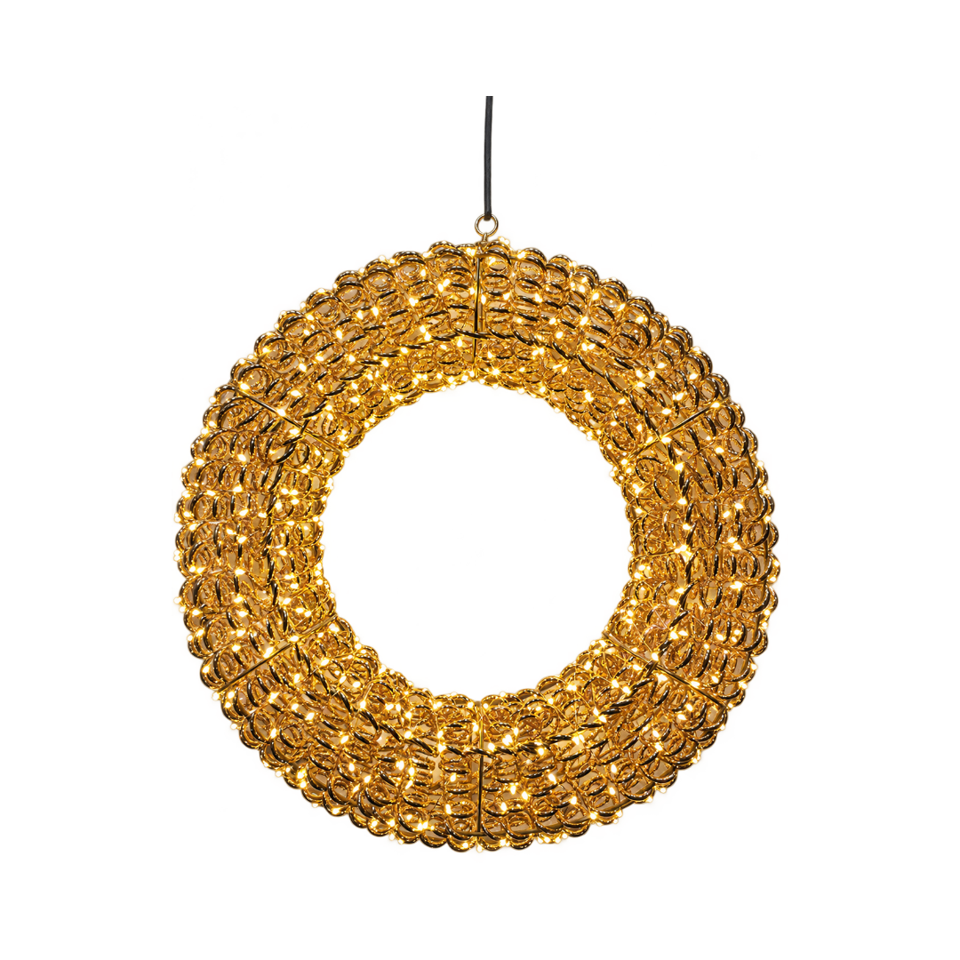 Corona natalizia riccio oro con micro LED a luce calda, diametro 58 cm