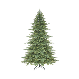 Albero di Natale verde dall’aspetto folto e naturale, con chioma ampia e fitta e base con supporto in metallo