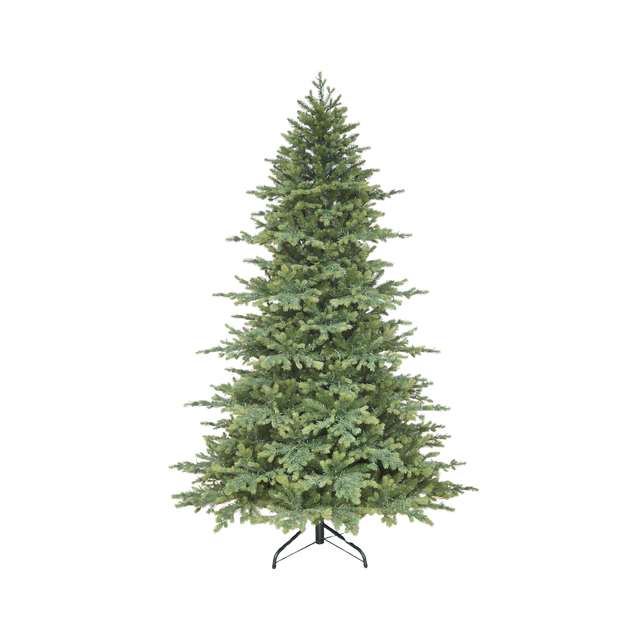 Albero di Natale verde dall’aspetto folto e naturale, con chioma ampia e fitta e base con supporto in metallo