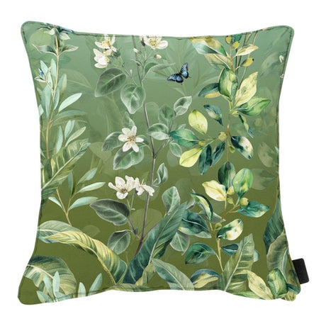 Cuscino arredo 50x50 cm verde con foglie e piccoli fiori bianchi.