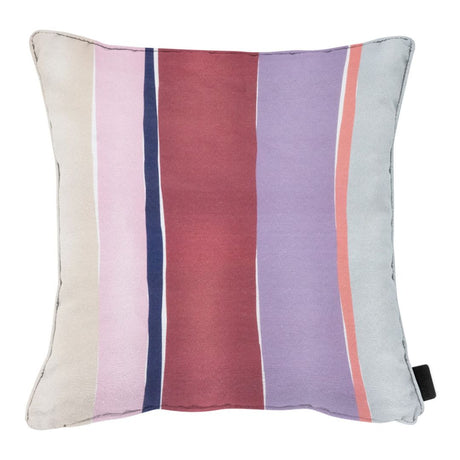 Cuscino arredo 50x50 cm a righe verticali viola, rosa, rosso e grigio.