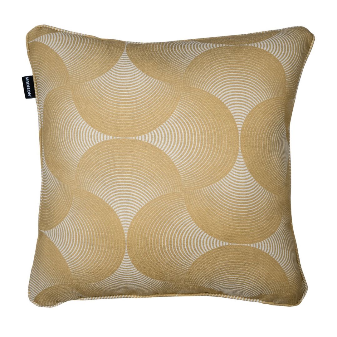 Cuscino arredo 50x50 cm senape con motivo a cerchi concentrici geometrici.