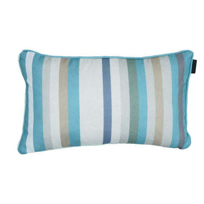 Cuscino da esterno 60x40 cm con righe azzurre e beige.