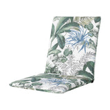 Cuscino per sedia da esterno 97x49 cm con fantasia foglie tropicali verdi e dettagli blu su fondo chiaro.