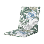 Cuscino per sedia da esterno 97x49 cm con fantasia foglie tropicali verdi e dettagli blu su fondo chiaro.