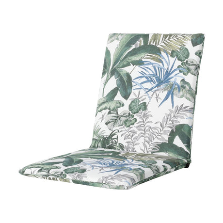 Cuscino per sedia da esterno 97x49 cm con fantasia foglie tropicali verdi e dettagli blu su fondo chiaro.