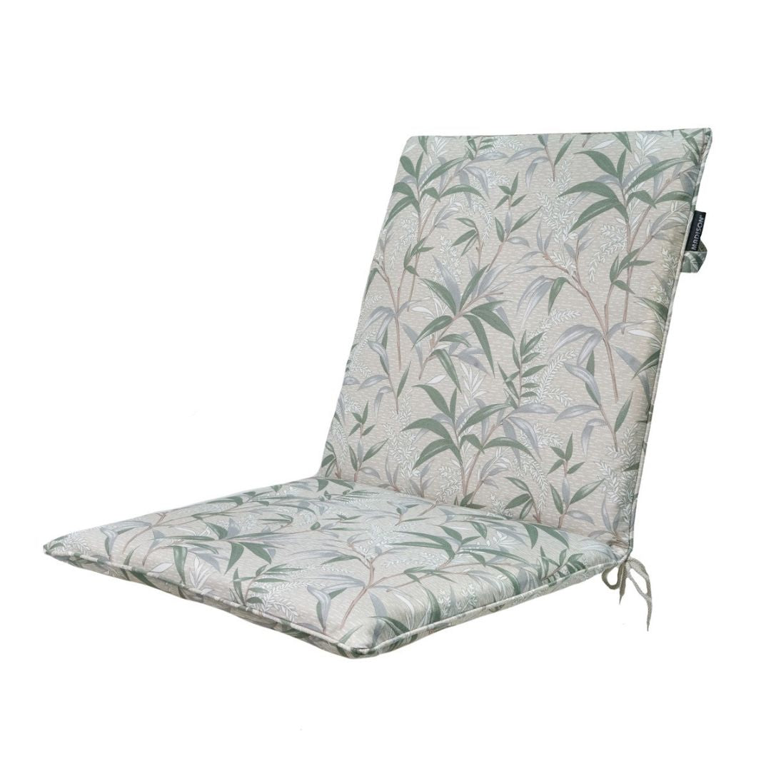 Cuscino per sedia da esterno 97x49 cm con fantasia botanica verde su fondo beige.
