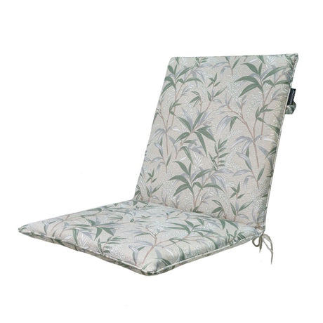 Cuscino per sedia da esterno 97x49 cm con fantasia botanica verde su fondo beige.