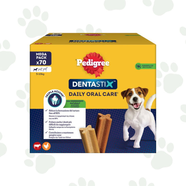 Confezione multipack Pedigree Dentastix per l'igiene orale di cani di taglia piccola contenente 70 snack.