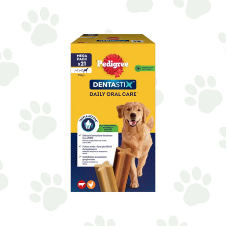 Confezione multipack Pedigree Dentastix per l'igiene orale di cani di taglia grande contenente 21 snack.