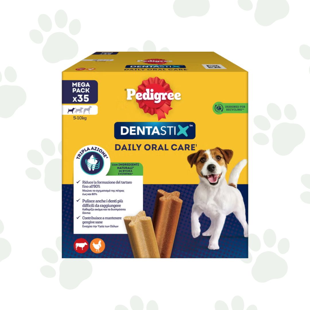 Confezione multipack Pedigree Dentastix per l'igiene orale di cani di taglia piccola contenente 35 snack.