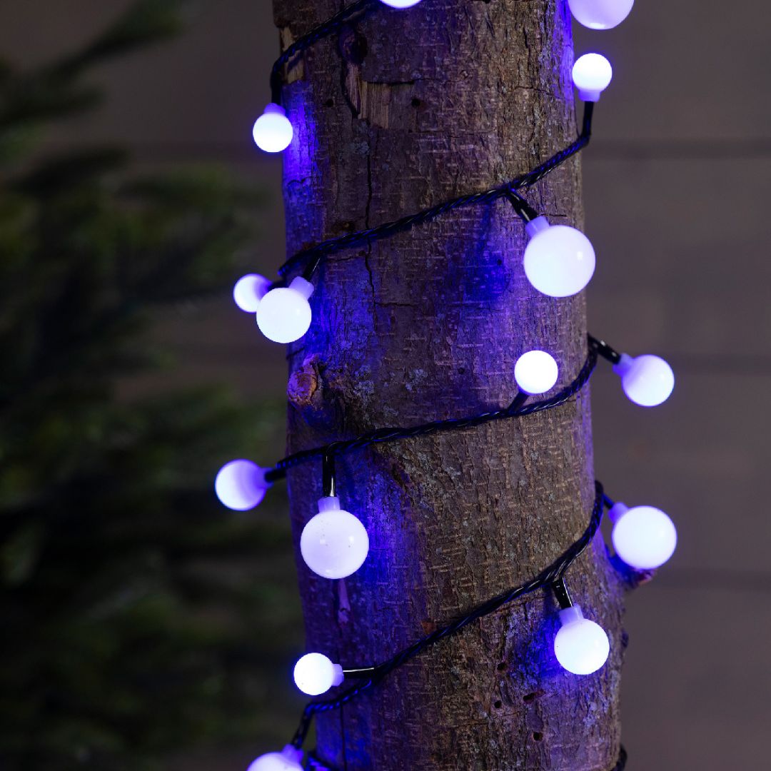 Luci LED multicolore a forma di ciliegia, avvolte attorno al tronco di un albero, illuminate di color viola.