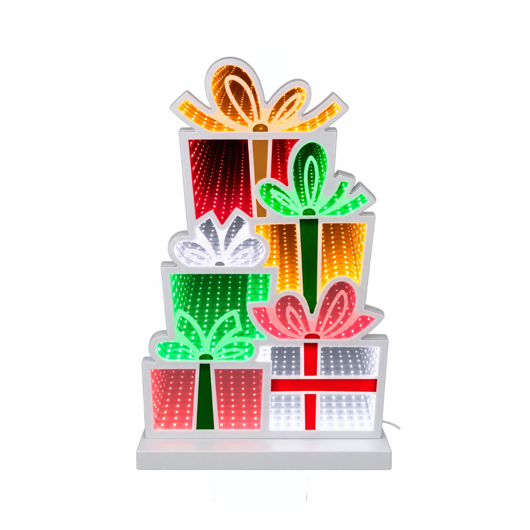 Decorazione luminosa Infinity con pila di pacchi regalo natalizi colorati, fiocchi e base bianca