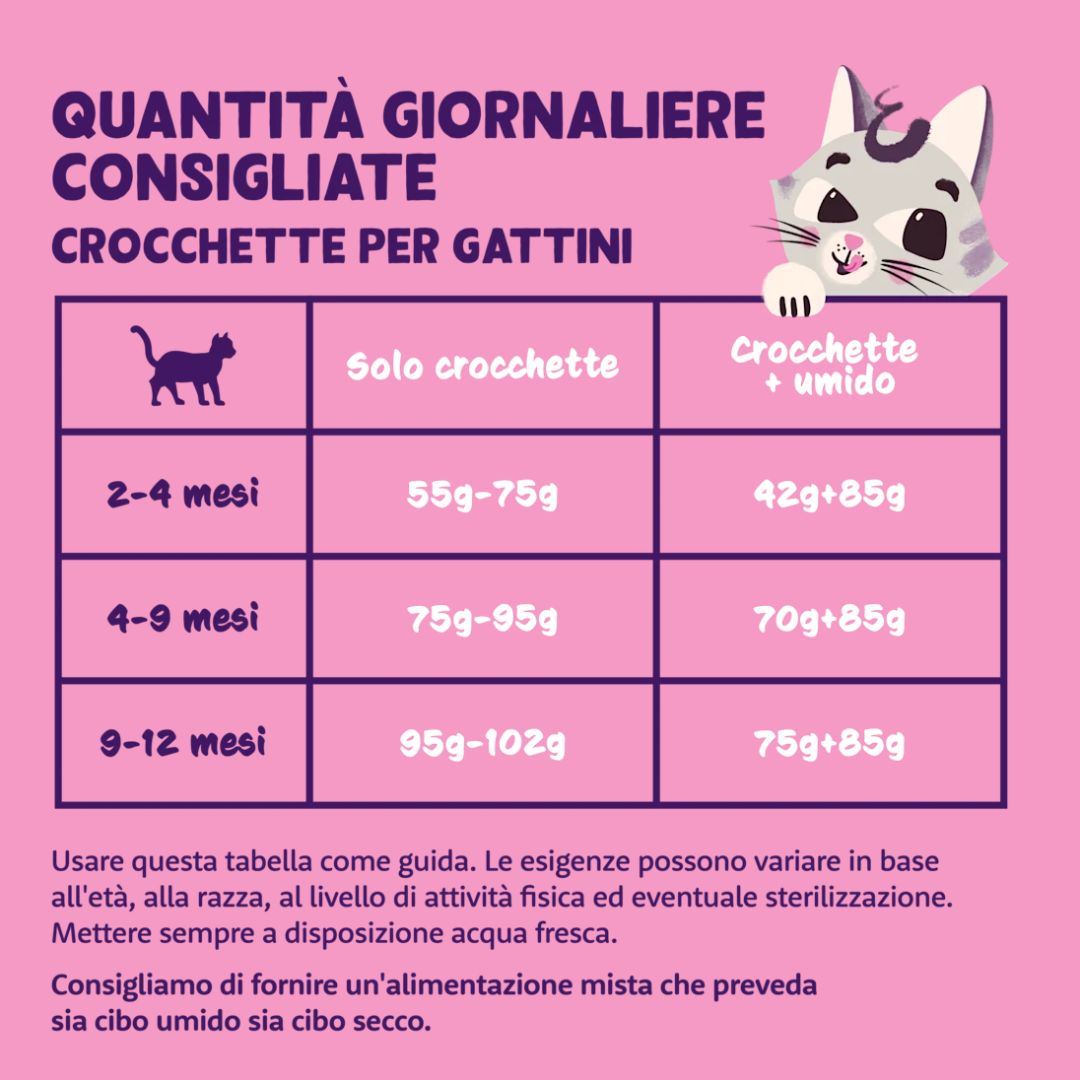Tabella di razionamento delle crocchette per gattini di Edgar&Cooper con anatra e pollo.