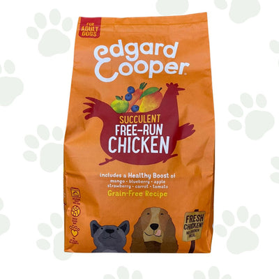 Confezione da 2,5 kg di crocchette Edgar&Cooper con pollo, mango e mirtili.