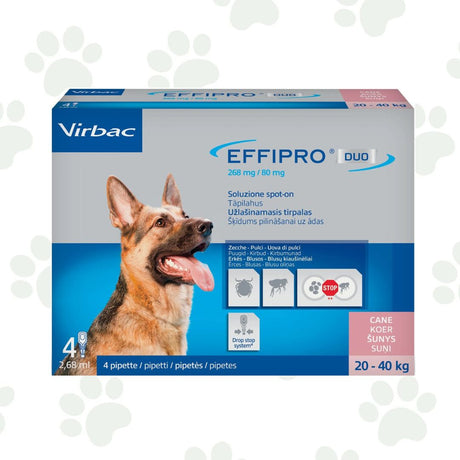 Confezione da quattro pipette di antiparassitario per cani 20-40 kg Effipro Duo.
